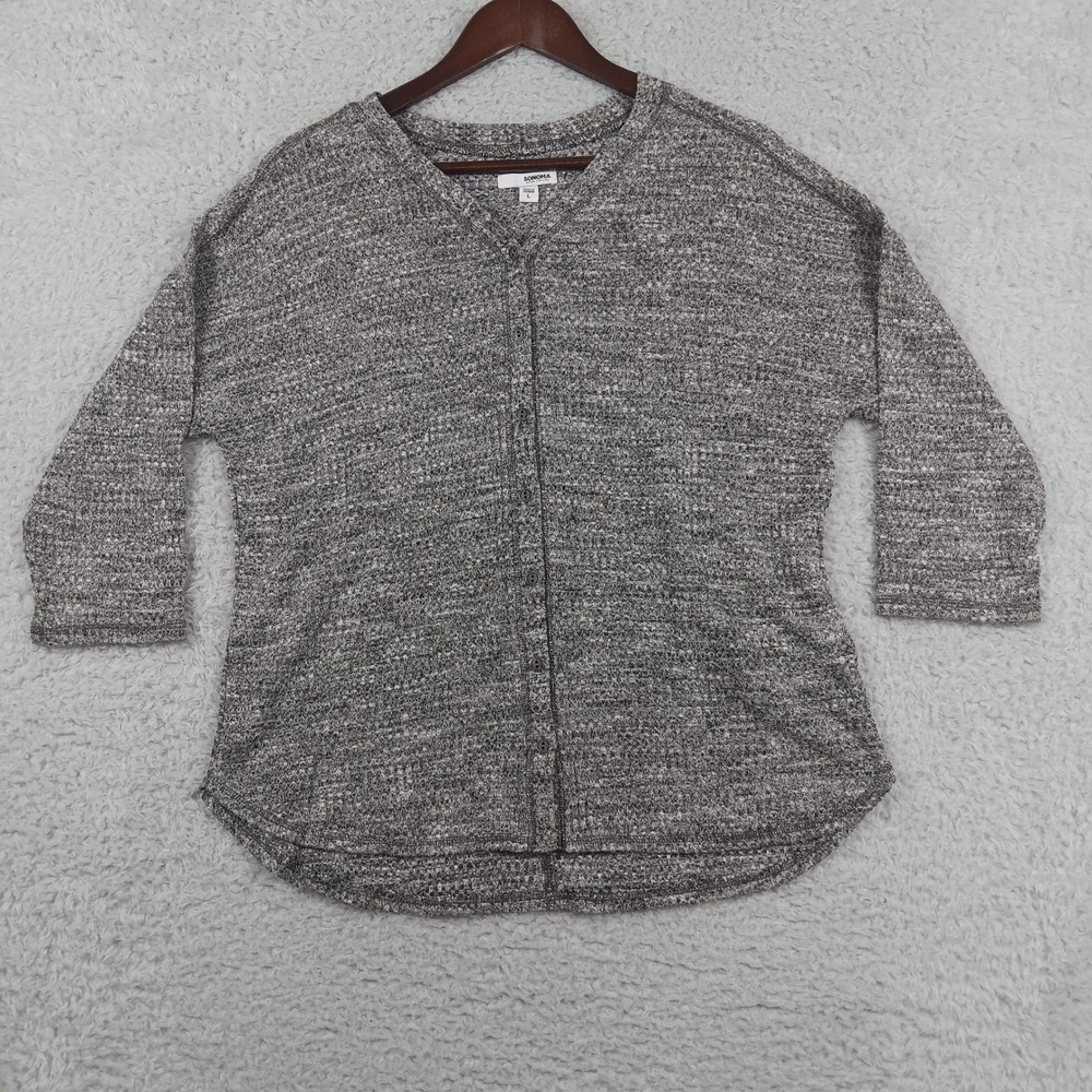 Sonoma Cardigan Waffle Knit Womens L Mineral Black Button Front‎ 3/4 Sleeve
